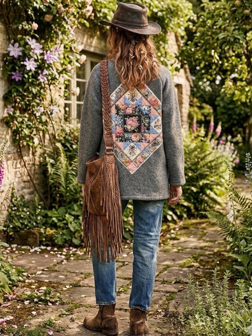 Upcycled quilted FOLK back detailing boho wool vintage jacket w farmhouse vibe
